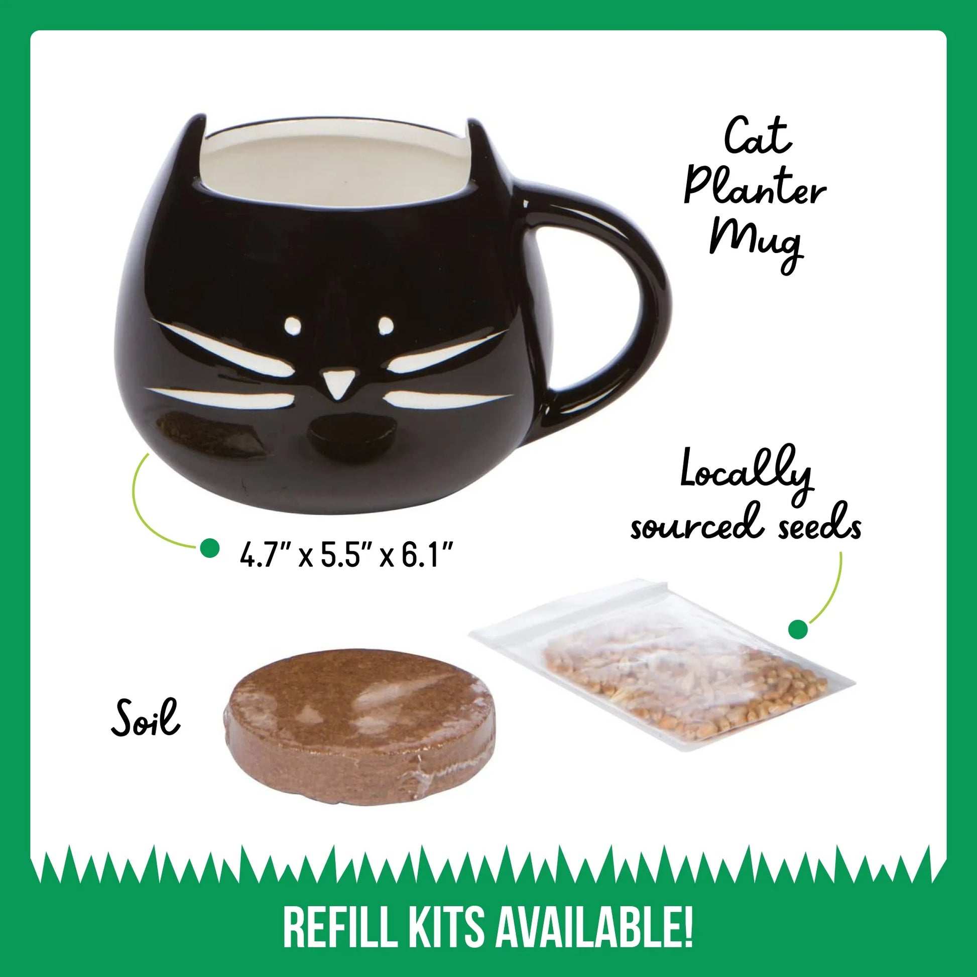 Organic Cat Grass Kit with Black Cat Ceramic Planter, Easy Indoor Planting Gift Set